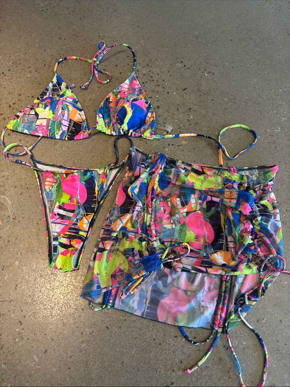 SHEIN 3-Piece Neon Abstract Bikini & Cover-Up Set L